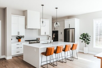 Fototapeta premium Modern white kitchen with island, leather bar stools, and stainless steel appliances.