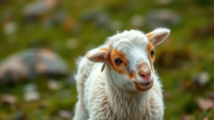 Obraz premium Cute young goat standing on green grass in a natural landscape during daylight hours