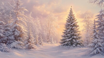Fototapeta premium Snow-Covered Pines and a Serene Christmas Tree: A Romantic Winter Sunset Painting