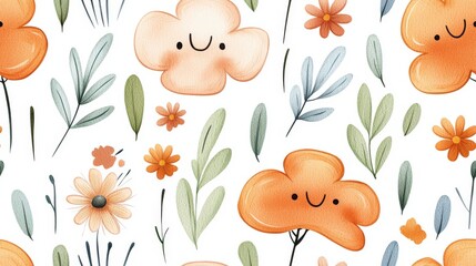 Cute Hand-Drawn Floral Pattern with Smiling Flowers and Leaves in Soft Orange and Green Colors