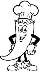 logo of a cartoon Tabasco pepper wearing gloves and  shoes, coloring page Generative AI
