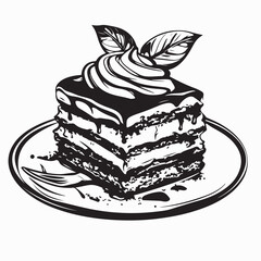 Black and white illustration of hand drawn tiramisu vector isolated on white background.