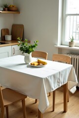 Simple kitchen table with a crisp white tablecloth, dining table, kitchen table, interior design