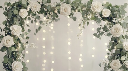 White rose and eucalyptus floral arch against a bokeh background.