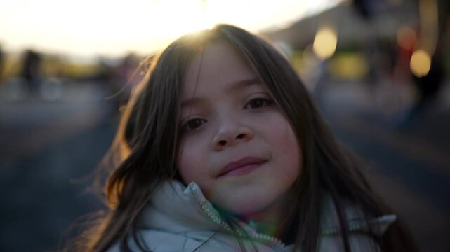 Joyful 8 year old little girl close-up face at playground park during sunset time, backlight of child portrait smiling with blurred kids in background playing