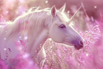 Naklejka premium Fantastically beautiful mythological pink unicorn with big long horn, abstract vivid composition consists of fictional unreal fantastic vision on background