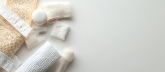 Fototapeta premium Beige and white cotton swabs, gauze pads, and bandages on white background.