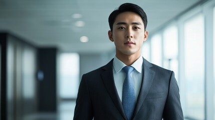 Obraz premium Confident young Asian businessman in a suit standing in a modern office hallway.