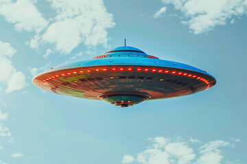 Iron oval UFO saucer hovering over beautiful landscape in deep dramatic sky, abstract vivid composition consists of fictional unreal fantastic vision on background