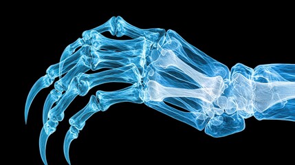 Detailed X-ray Image of Human Hand Skeleton with Claws and Distinct Bone Structures in Blue Light