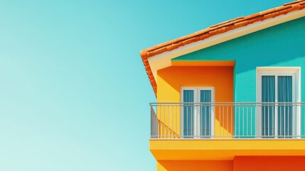 Colorful house exterior with balcony against a clear blue sky.