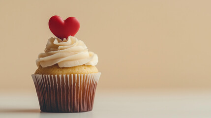 valentines day cupcake with heart topper on cream backdrop, banner design with copy space for text