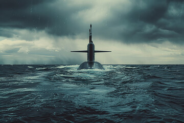 Fototapeta premium Beautiful large submarine floating in middle of deep ocean during mission, abstract vivid composition consists of fictional unreal fantastic vision on background