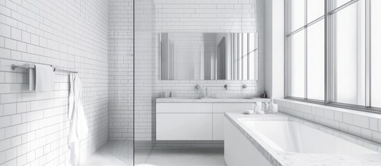 Fototapeta premium Modern white bathroom with bathtub, shower, and large window.