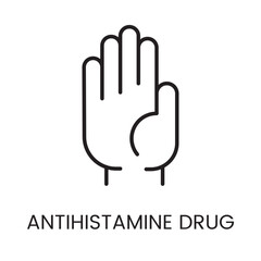 An icon of a hand in vector, symbolizing antihistamine drug use and allergy relief, with an editable stroke