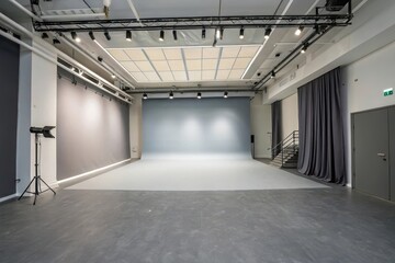 Obraz premium Spacious Modern Studio with Lighting Equipment and Grey Backdrops