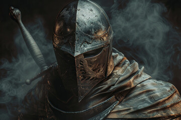 Fantastic beautiful royal knight in iron armor guards castle chambers, abstract vivid composition consists of fictional unreal fantastic vision on background