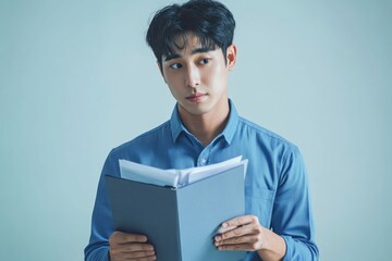 Obraz premium Young Asian man reviewing documents.