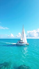 Naklejka premium Sunny day with a sailboat gliding effortlessly across a calm clear blue sea, Ocean, Water