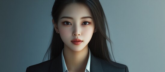 Portrait of a young woman with long black hair wearing a business suit.