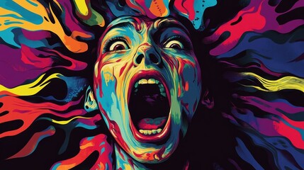 A woman with colorful paint covering her face screams in a digital art style.