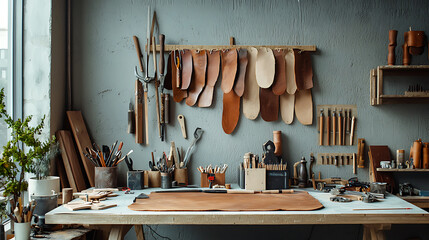 leatherworking studio with tools, materials, and workspace for crafting. organized layout showcases various leather pieces and equipment