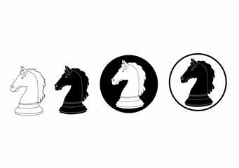 Set of chess knight icons in black and white variations, including outline, solid, and circular badge styles. Clean vector design suitable for logos or graphics. © Rustanto