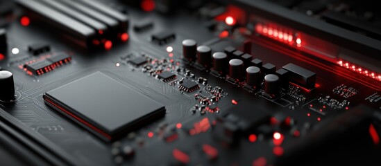 Close-up of a black computer motherboard with red LEDs.