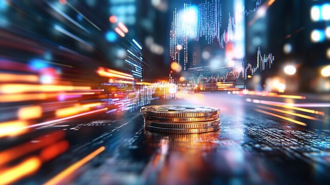 Blockchain platform visualizing real-time data with dynamic gold coins and market graphs