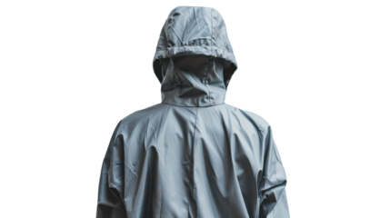 Individual in a gray raincoat standing against a plain backdrop, emphasizing fashion choices in wet weather during the day on transparent background