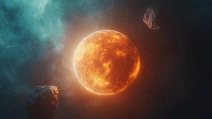 Obraz premium Fiery Planet With Two Moons Illuminated by an Otherworldly Sunset in a Distant Galaxy