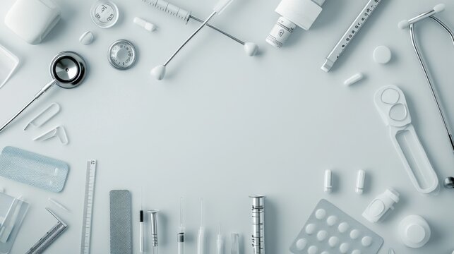 White medical supplies arranged on a light gray surface, creating a frame with empty space in the center.