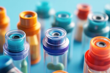 Close-up of colorful transparent vials with pills.