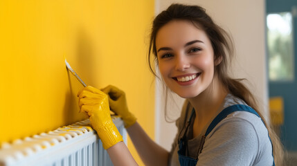 A cheerful woman confidently painting a radiator gold in a spotless and well-lit room, her energy reflecting the ease and creativity of home improvement.