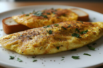 Delicious omelet with spices served with toast on a white plate.