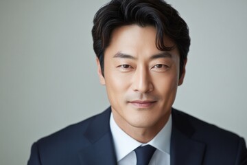 Close-up portrait of a handsome Asian man in a suit, subtly smiling.