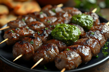 Grilled meatballs on skewers with green herb sauce, served on a black plate.