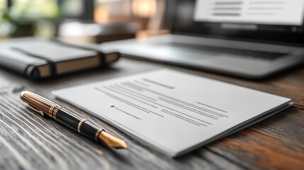 Fototapeta premium Business Contract Signing: A Close-Up of a Luxurious Fountain Pen Resting on a Formal Document, Next to a Laptop and Notebook, Illustrating Professionalism and Detail-Oriented Work.