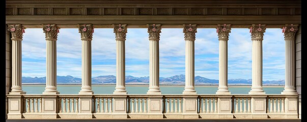 Fototapeta premium Serene Vista Classical Columns Balcony Overlooking Lake and Mountains