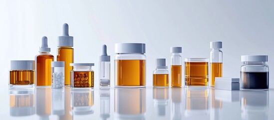 Various amber liquid medicine bottles and pill containers on a white background.