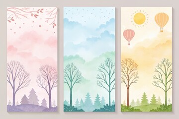 Serene Seasonal Landscapes Watercolor Paintings of Spring, Summer, Autumn, and Winter Featuring Bare Trees and Hot Air Balloons
