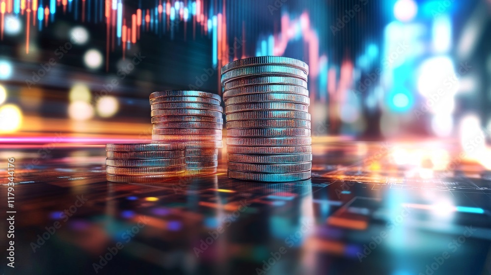 Poster Visualization of economic stability with stacks of coins and digital graphs in a dynamic environment