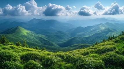 Naklejka premium A serene mountain landscape with lush greenery and rolling hills under a bright sky.