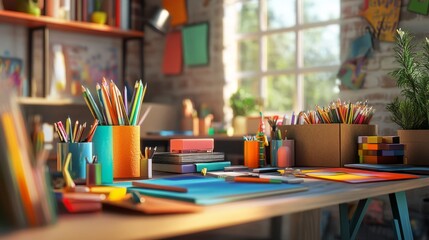 Work place of a creative person with a variety of colorful stationery objects 