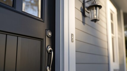 Modern black front door with gray siding, door handle, and doorbell.