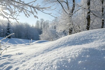 A sunlit winter landscape showcasing a pristine snowdrift, adorned with frost-covered branches in the foreground and a background of snow-laden trees under a bright blue sky.
