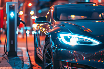 Power source for charging battery of beautiful hybrid electric car on road, abstract vivid composition consists of fictional unreal fantastic vision on background