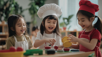 Diverse group of children playing joyfully with a toy kitchen set, dressed in chef hats and aprons, fostering creativity and a love for role-play.