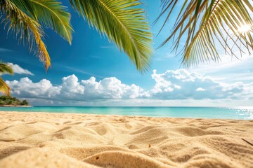 Tropical Beach Scene Sun-Kissed Sands and Azure Waters Framed by Lush Palm Fronds