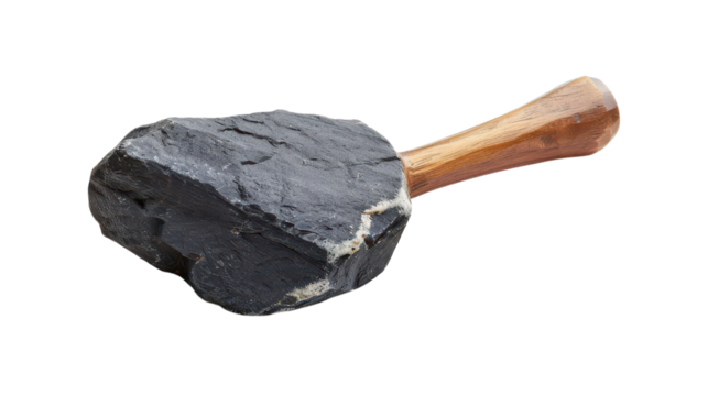 A heavy black stone tool with a wooden handle used for striking objects, displayed on a clean white background on transparent background